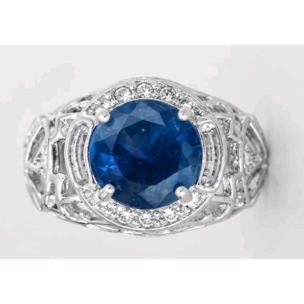 Ornate Domed Blue Glass Rhinestone Sterling Silver Ring 925 size 8  R-TN56
